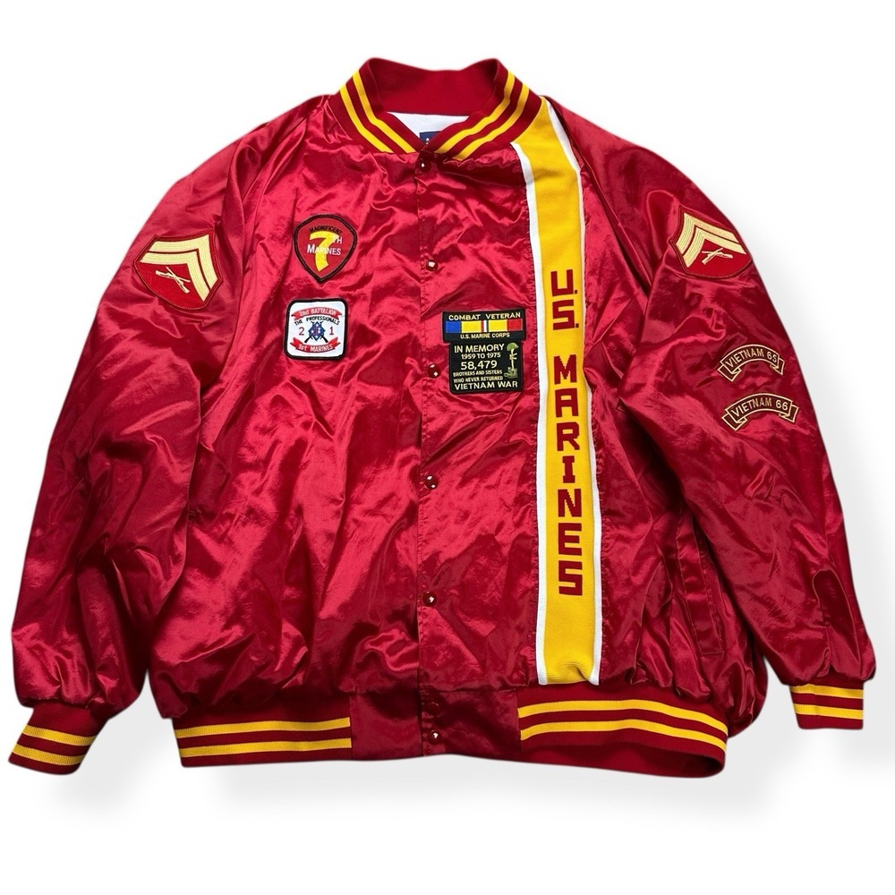 VTG US Marines Bomber Jacket ASW Combat Veteran Red Satin 3XL PATCHES‎ USA Made